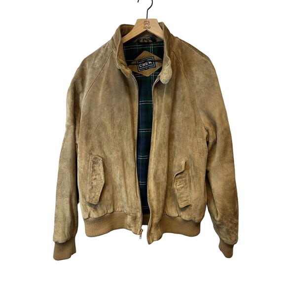Men's Vintage Crew Tan Pig Suede Leather Plaid Lined Bomber Jacket Size 46 - Picture 3 of 16